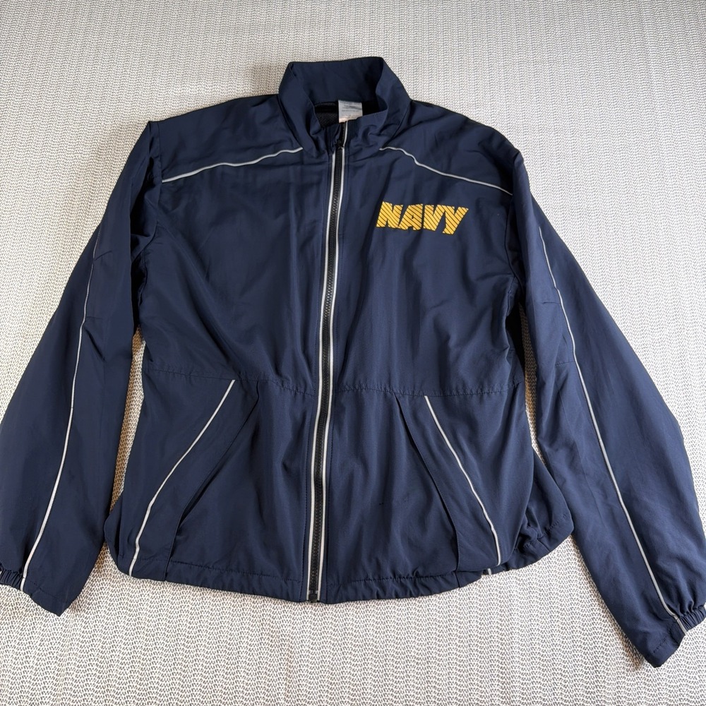 US Navy Jacket Womens Small Short Reflective PT Running Windbreaker Blue